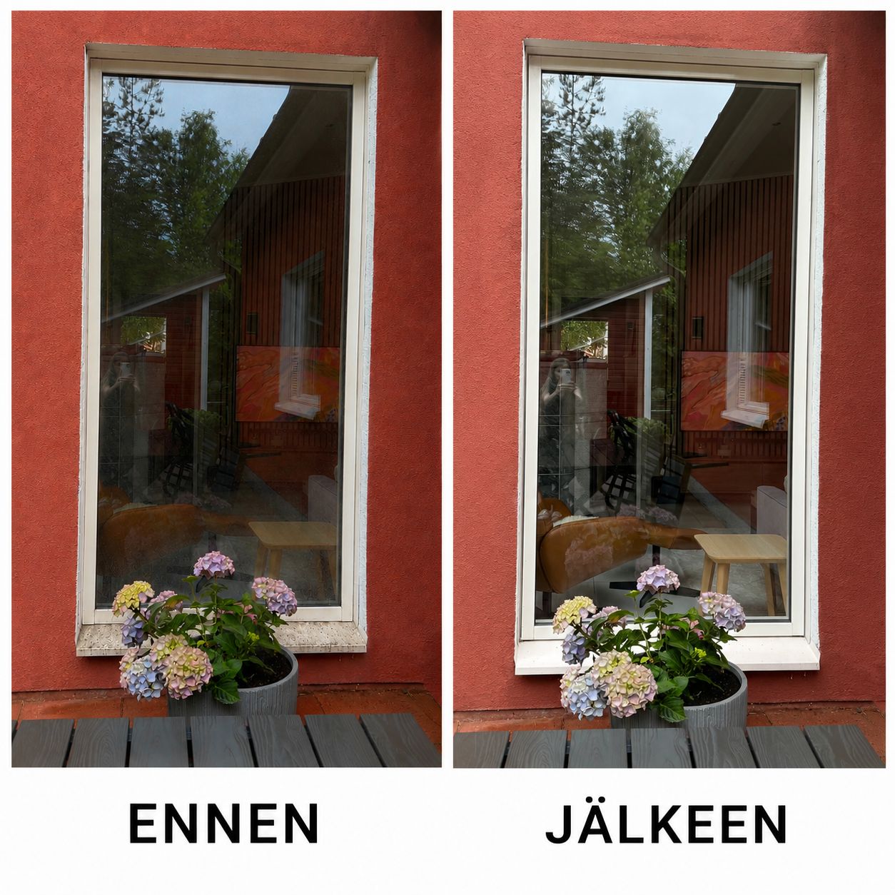Ikkunanpesu ennen ja jälkeen: raidaton, kirkas ikkunalasi Espoossa